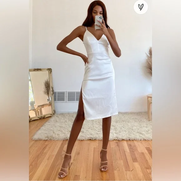 Stunning Sight White Embroidered Lace Satin Midi Dress - Picture 2 of 7